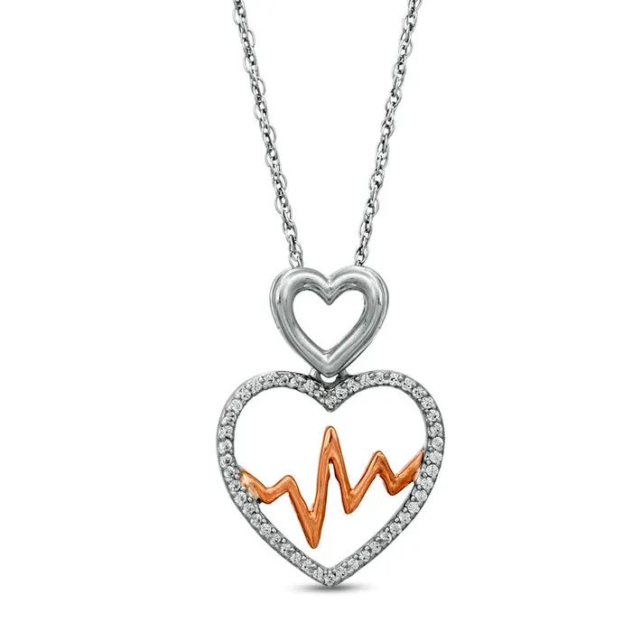 Necklaces Goldia 017 CT TW Natural Diamond Double Heart and Heartbeat Pendant in Sterling Silver and 10K Rose Gold Necklaces Goldia 017 CT TW Natural Diamond Double Heart and Heartbeat Pendant in Sterling Silver and 10K Rose Gold