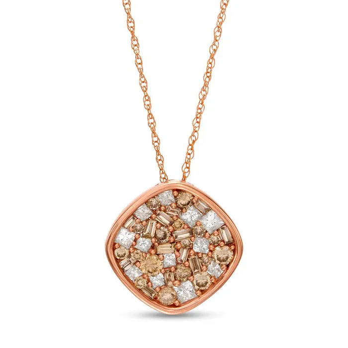 Necklaces Goldia 1 CT TW Champagne and White Composite Natural Diamond Tilted Cushion Pendant in 10K Rose Gold Necklaces Goldia 1 CT TW Champagne and White Composite Natural Diamond Tilted Cushion Pendant in 10K Rose Gold