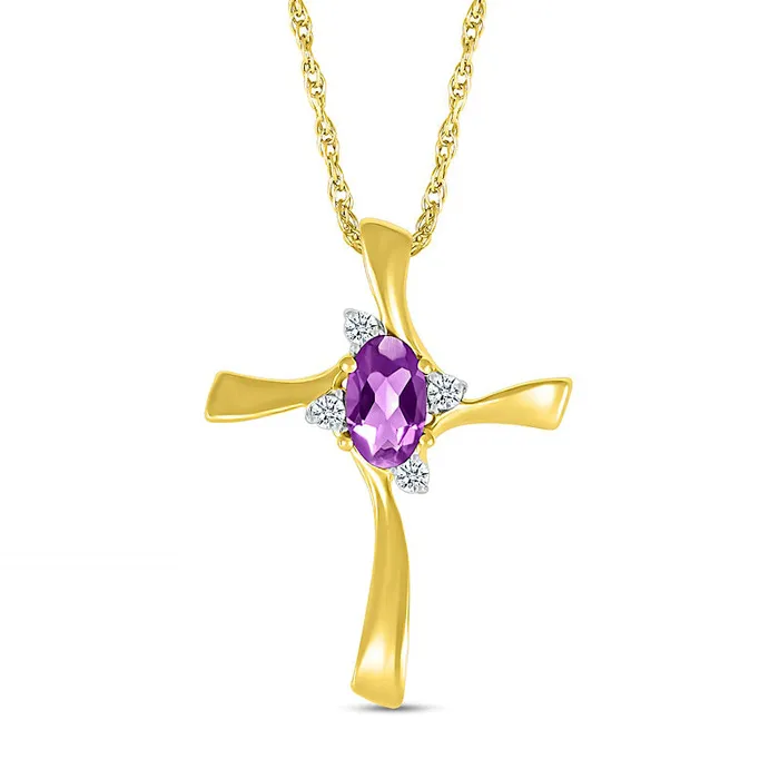 Necklaces Goldia Oval Amethyst and Natural Diamond Accent Swirl Ribbon Cross Pendant in 10K Yellow Gold Necklaces Goldia Oval Amethyst and Natural Diamond Accent Swirl Ribbon Cross Pendant in 10K Yellow Gold