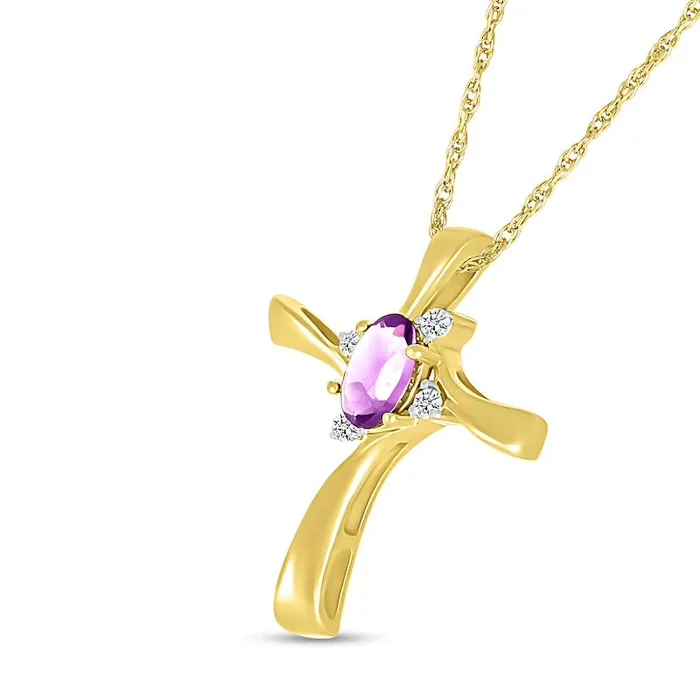 Necklaces Goldia Oval Amethyst and Natural Diamond Accent Swirl Ribbon Cross Pendant in 10K Yellow Gold Necklaces Goldia Oval Amethyst and Natural Diamond Accent Swirl Ribbon Cross Pendant in 10K Yellow Gold