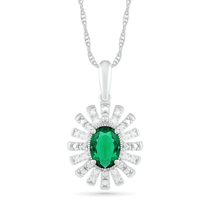Necklaces Goldia Oval LabCreated Emerald and 007 CT TW Diamond Starburst Frame Pendant in Sterling Silver Necklaces Goldia Oval LabCreated Emerald and 007 CT TW Diamond Starburst Frame Pendant in Sterling Silver