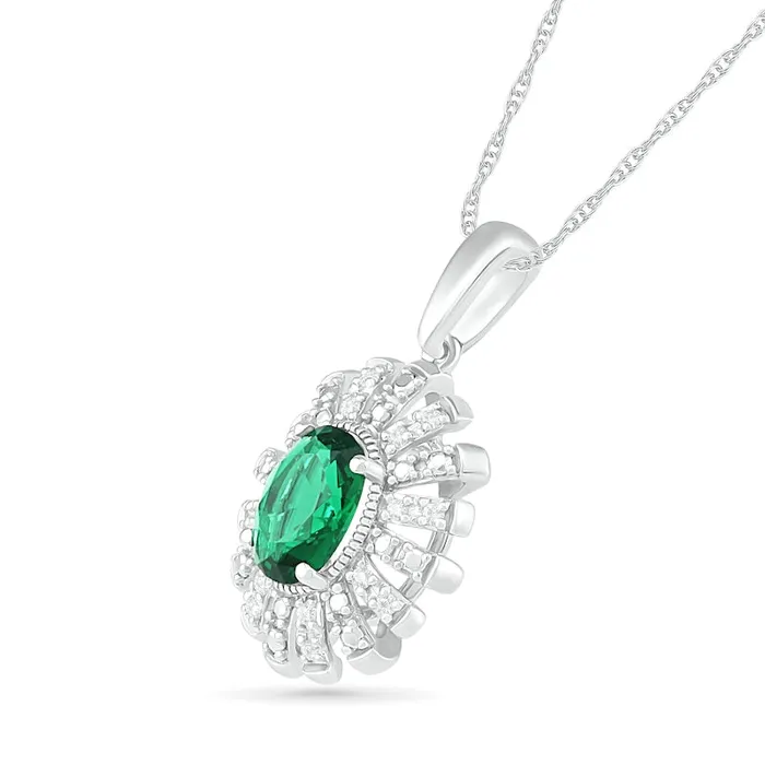 Necklaces Goldia Oval LabCreated Emerald and 007 CT TW Diamond Starburst Frame Pendant in Sterling Silver Necklaces Goldia Oval LabCreated Emerald and 007 CT TW Diamond Starburst Frame Pendant in Sterling Silver
