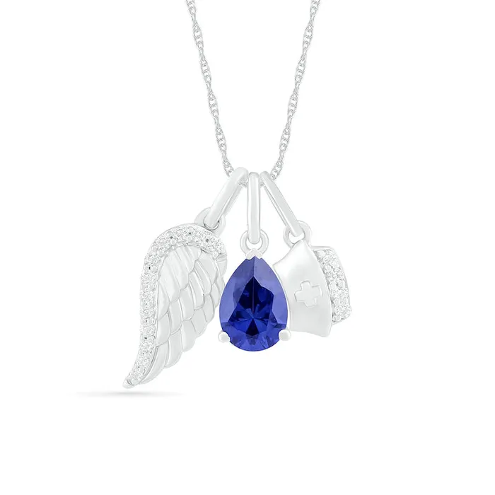 Necklaces PearShaped LabCreated Blue and White Sapphire Wing and Nurse Cap Charm Pendant in Sterling Silver Goldia Necklaces PearShaped LabCreated Blue and White Sapphire Wing and Nurse Cap Charm Pendant in Sterling Silver Goldia