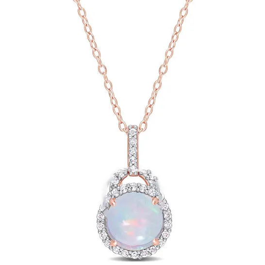 Original AMOUR 3 14 CT TGW Blue Ethiopian Opal and White Topaz Halo Pendant with Chain In Rose Plated Sterling Silver JMS always Necklaces Original AMOUR 3 14 CT TGW Blue Ethiopian Opal and White Topaz Halo Pendant with Chain In Rose Plated Sterling Silver JMS always Necklaces