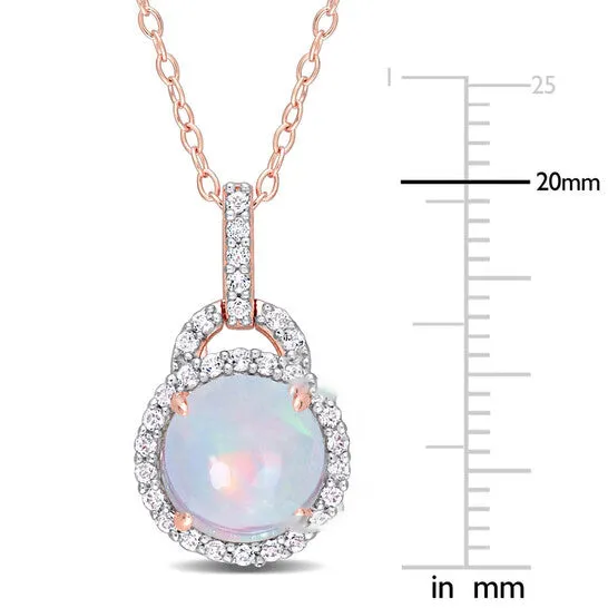 Original AMOUR 3 14 CT TGW Blue Ethiopian Opal and White Topaz Halo Pendant with Chain In Rose Plated Sterling Silver JMS always Necklaces Original AMOUR 3 14 CT TGW Blue Ethiopian Opal and White Topaz Halo Pendant with Chain In Rose Plated Sterling Silver JMS always Necklaces