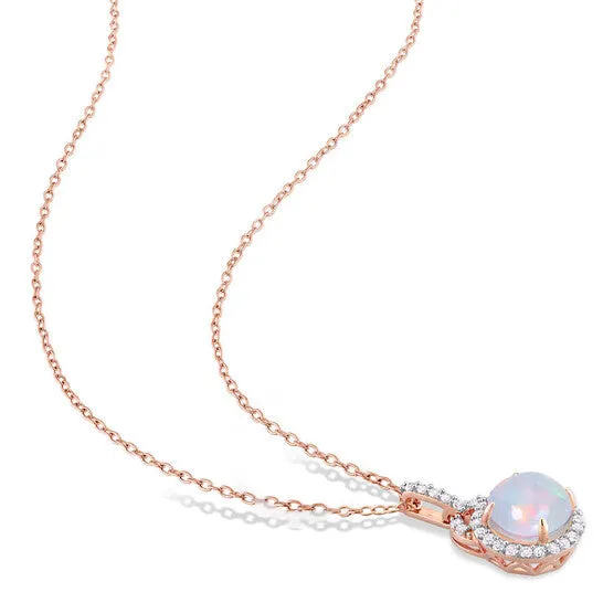 Original AMOUR 3 14 CT TGW Blue Ethiopian Opal and White Topaz Halo Pendant with Chain In Rose Plated Sterling Silver JMS always Necklaces Original AMOUR 3 14 CT TGW Blue Ethiopian Opal and White Topaz Halo Pendant with Chain In Rose Plated Sterling Silver JMS always Necklaces
