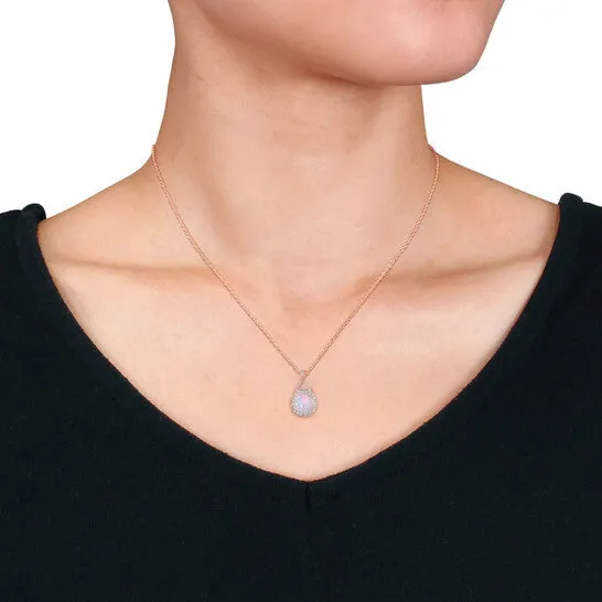 Original AMOUR 3 14 CT TGW Blue Ethiopian Opal and White Topaz Halo Pendant with Chain In Rose Plated Sterling Silver JMS always Necklaces Original AMOUR 3 14 CT TGW Blue Ethiopian Opal and White Topaz Halo Pendant with Chain In Rose Plated Sterling Silver JMS always Necklaces