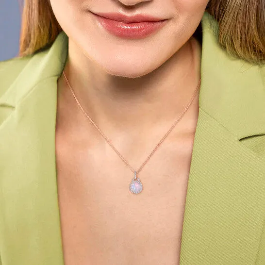 Original AMOUR 3 14 CT TGW Blue Ethiopian Opal and White Topaz Halo Pendant with Chain In Rose Plated Sterling Silver JMS always Necklaces Original AMOUR 3 14 CT TGW Blue Ethiopian Opal and White Topaz Halo Pendant with Chain In Rose Plated Sterling Silver JMS always Necklaces