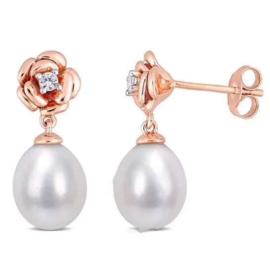 Original AMOUR 85 9 Mm Freshwater Cultured Pearl and 18 CT Created White Sapphire Floral Earrings In Rose Plated Sterling Silver JMS always Earrings Original AMOUR 85 9 Mm Freshwater Cultured Pearl and 18 CT Created White Sapphire Floral Earrings In Rose Plated Sterling Silver JMS always Earrings