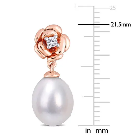 Original AMOUR 85 9 Mm Freshwater Cultured Pearl and 18 CT Created White Sapphire Floral Earrings In Rose Plated Sterling Silver JMS always Earrings Original AMOUR 85 9 Mm Freshwater Cultured Pearl and 18 CT Created White Sapphire Floral Earrings In Rose Plated Sterling Silver JMS always Earrings
