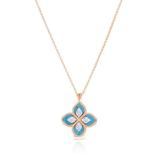 Original Roberto Coin Venetian Princess Flower Turquoise Diamond Necklace 8882784AH18XT JMS always Necklaces Original Roberto Coin Venetian Princess Flower Turquoise Diamond Necklace 8882784AH18XT JMS always Necklaces