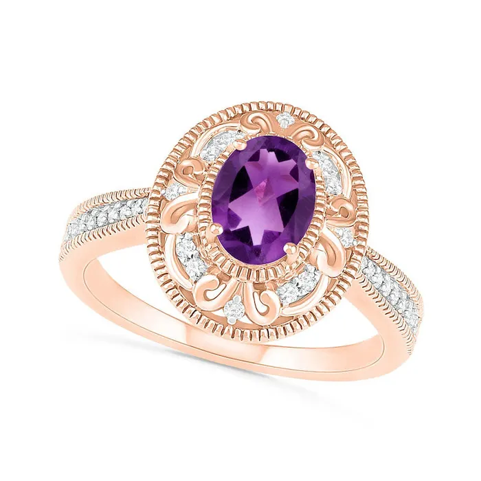 Oval Amethyst and 013 CT TW Natural Diamond Scroll Frame Tapered Shank Antique VintageStyle Ring in Solid 10K Rose Gold Goldia Rings Oval Amethyst and 013 CT TW Natural Diamond Scroll Frame Tapered Shank Antique VintageStyle Ring in Solid 10K Rose Gold Goldia Rings