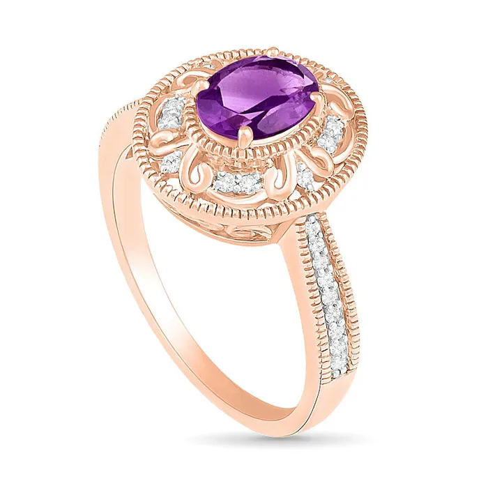Oval Amethyst and 013 CT TW Natural Diamond Scroll Frame Tapered Shank Antique VintageStyle Ring in Solid 10K Rose Gold Goldia Rings Oval Amethyst and 013 CT TW Natural Diamond Scroll Frame Tapered Shank Antique VintageStyle Ring in Solid 10K Rose Gold Goldia Rings