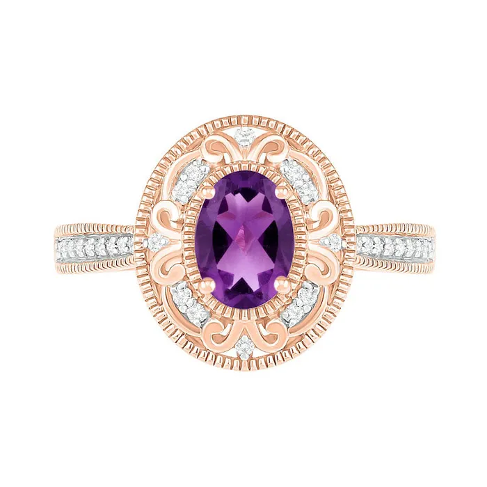 Oval Amethyst and 013 CT TW Natural Diamond Scroll Frame Tapered Shank Antique VintageStyle Ring in Solid 10K Rose Gold Goldia Rings Oval Amethyst and 013 CT TW Natural Diamond Scroll Frame Tapered Shank Antique VintageStyle Ring in Solid 10K Rose Gold Goldia Rings