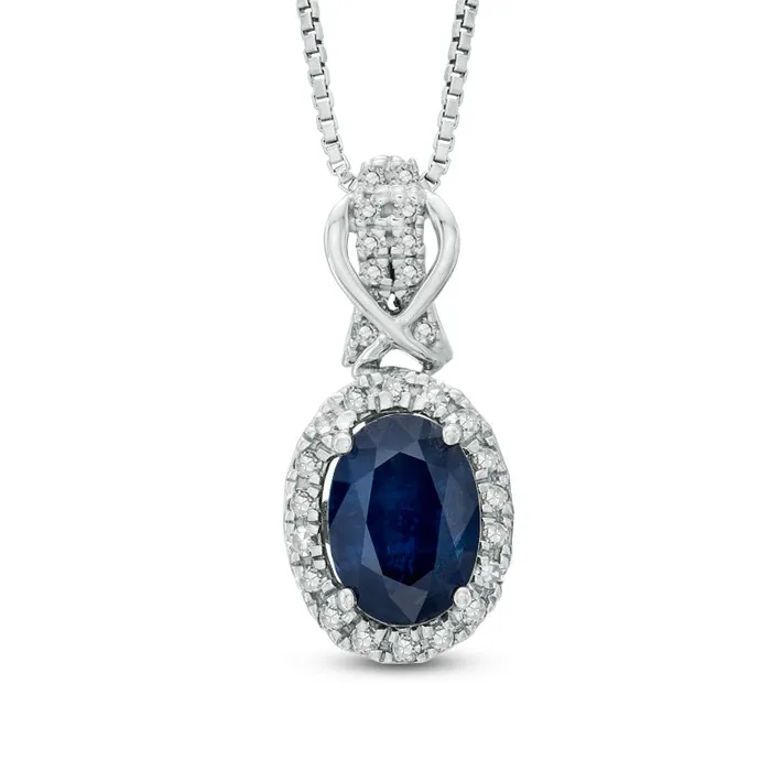 Oval Blue Sapphire and 02 CT TW Natural Diamond Pendant in Sterling Silver Goldia Necklaces Oval Blue Sapphire and 02 CT TW Natural Diamond Pendant in Sterling Silver Goldia Necklaces