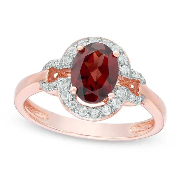 Oval Garnet and White Topaz Doorknocker Frame Ring in Sterling Silver with Solid 14K Rose Gold Plate Goldia Rings Oval Garnet and White Topaz Doorknocker Frame Ring in Sterling Silver with Solid 14K Rose Gold Plate Goldia Rings