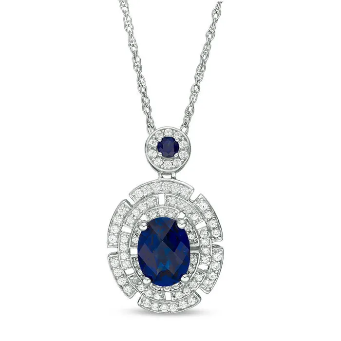 Oval LabCreated Blue and White Sapphire Aztec Inspired Frame Drop Pendant in Sterling Silver Goldia Earrings