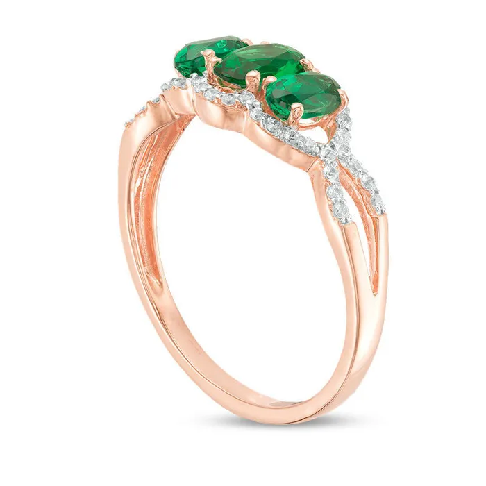 Oval LabCreated Emerald and 017 CT TW Diamond Frame Three Stone Engagement Ring in Solid 10K Rose Gold Goldia Rings Oval LabCreated Emerald and 017 CT TW Diamond Frame Three Stone Engagement Ring in Solid 10K Rose Gold Goldia Rings
