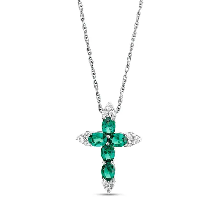 Oval LabCreated Emerald and White Sapphire TriPoint Cross Pendant in Sterling Silver Goldia Necklaces Oval LabCreated Emerald and White Sapphire TriPoint Cross Pendant in Sterling Silver Goldia Necklaces