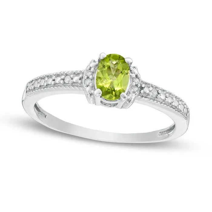 Oval Peridot and Natural Diamond Accent Collar Antique VintageStyle Ring in Sterling Silver Goldia Rings Oval Peridot and Natural Diamond Accent Collar Antique VintageStyle Ring in Sterling Silver Goldia Rings