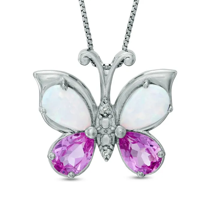 PearShaped LabCreated Opal Pink Sapphire and Diamond Accent Butterfly Pendant in Sterling Silver Goldia Necklaces PearShaped LabCreated Opal Pink Sapphire and Diamond Accent Butterfly Pendant in Sterling Silver Goldia Necklaces