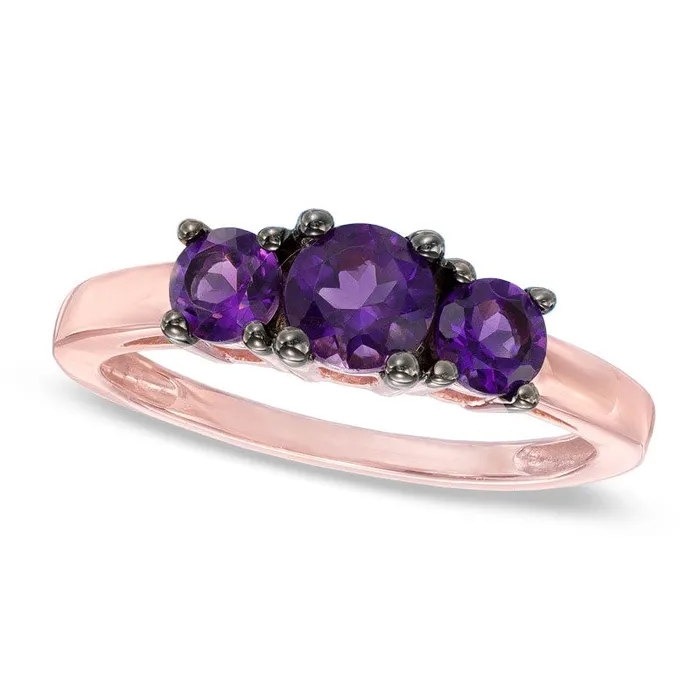 Rings Amethyst Three Stone Ring in Solid 10K Rose Gold Goldia
