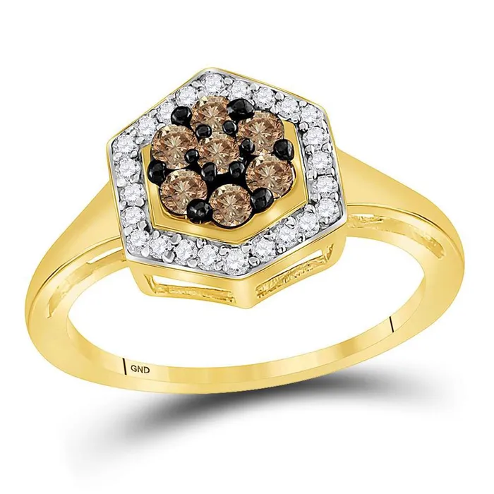 Rings gndatlanta 10k Yellow Gold Brown Diamond Polygon Cluster Ring 12 Cttw