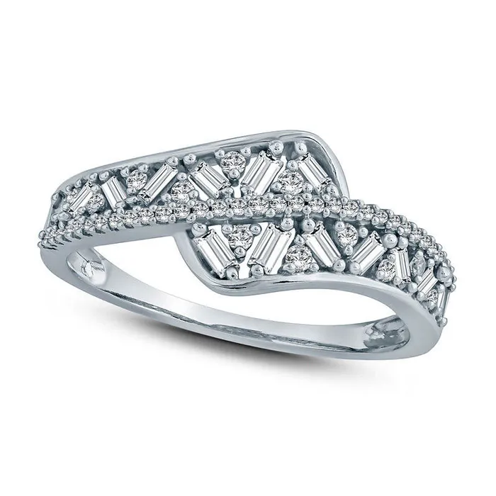 Rings Goldia 038 CT TW Baguette and Round Natural Diamond Bypass Ring in Solid 10K White Gold