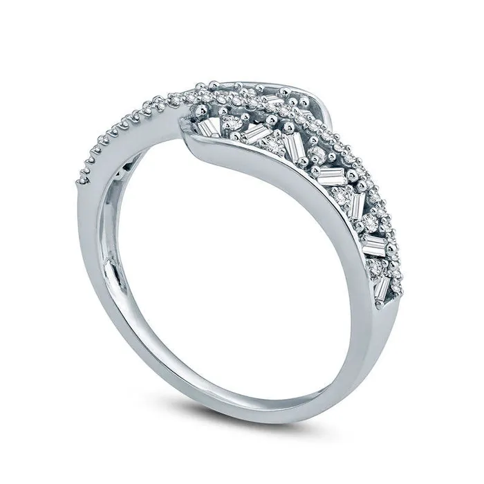 Rings Goldia 038 CT TW Baguette and Round Natural Diamond Bypass Ring in Solid 10K White Gold
