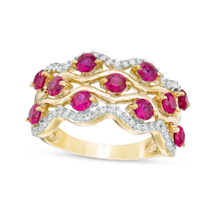 Rings Goldia 30mm LabCreated Ruby and 025 CT TW Diamond MultiRow Wave Ring in Solid 10K Yellow Gold Rings Goldia 30mm LabCreated Ruby and 025 CT TW Diamond MultiRow Wave Ring in Solid 10K Yellow Gold