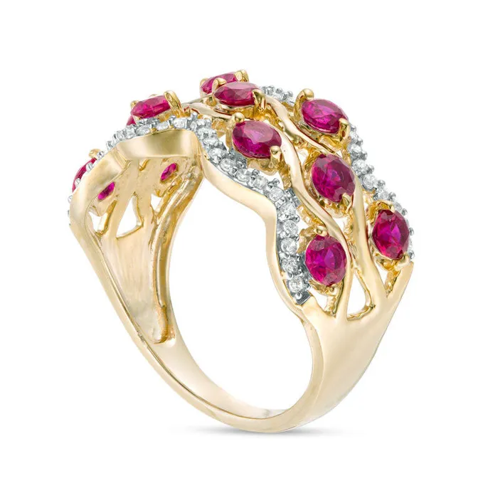 Rings Goldia 30mm LabCreated Ruby and 025 CT TW Diamond MultiRow Wave Ring in Solid 10K Yellow Gold Rings Goldia 30mm LabCreated Ruby and 025 CT TW Diamond MultiRow Wave Ring in Solid 10K Yellow Gold