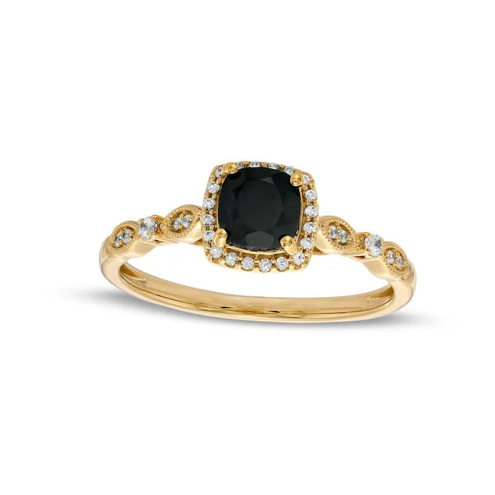 Rings Goldia 50mm CushionCut Black Sapphire and 010 CT TW Natural Diamond Frame Art Deco Antique VintageStyle Engagement Ring in Solid 10K Yellow Gold Rings Goldia 50mm CushionCut Black Sapphire and 010 CT TW Natural Diamond Frame Art Deco Antique VintageStyle Engagement Ring in Solid 10K Yellow Gold