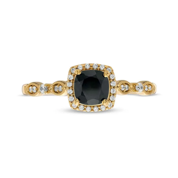 Rings Goldia 50mm CushionCut Black Sapphire and 010 CT TW Natural Diamond Frame Art Deco Antique VintageStyle Engagement Ring in Solid 10K Yellow Gold Rings Goldia 50mm CushionCut Black Sapphire and 010 CT TW Natural Diamond Frame Art Deco Antique VintageStyle Engagement Ring in Solid 10K Yellow Gold