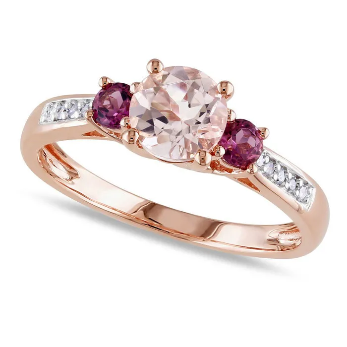 Rings Goldia 60mm Morganite Pink Tourmaline and Natural Diamond Accent Three Stone Ring in Solid 10K Rose Gold Rings Goldia 60mm Morganite Pink Tourmaline and Natural Diamond Accent Three Stone Ring in Solid 10K Rose Gold