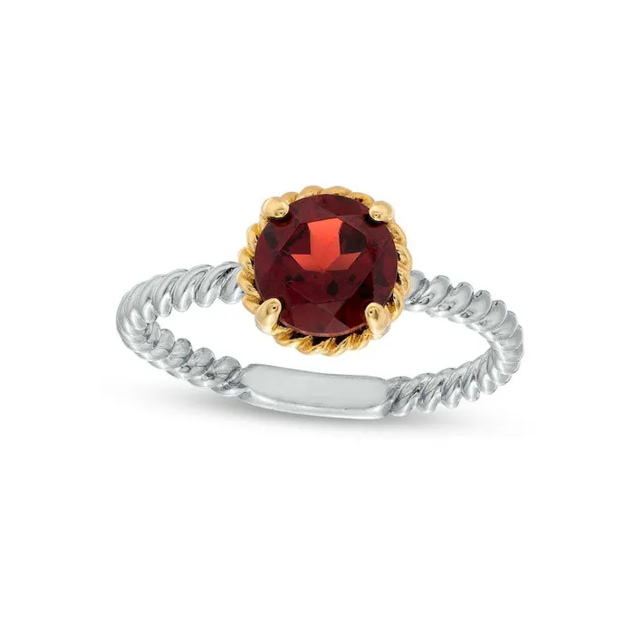 Rings Goldia 70mm Garnet Solitaire RopeTextured Frame and Shank Ring in Sterling Silver and Solid 10K Yellow Gold Rings Goldia 70mm Garnet Solitaire RopeTextured Frame and Shank Ring in Sterling Silver and Solid 10K Yellow Gold