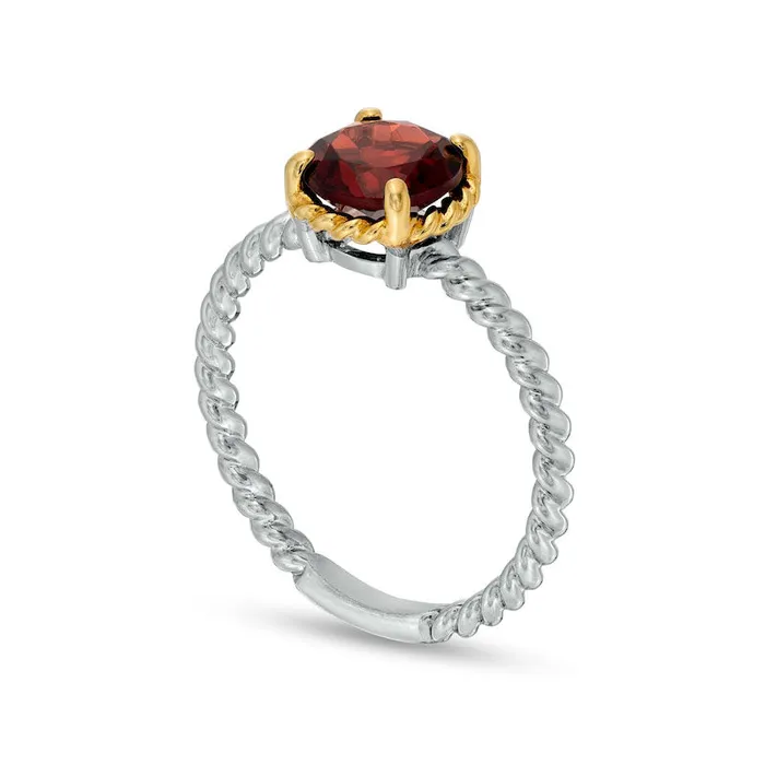 Rings Goldia 70mm Garnet Solitaire RopeTextured Frame and Shank Ring in Sterling Silver and Solid 10K Yellow Gold Rings Goldia 70mm Garnet Solitaire RopeTextured Frame and Shank Ring in Sterling Silver and Solid 10K Yellow Gold