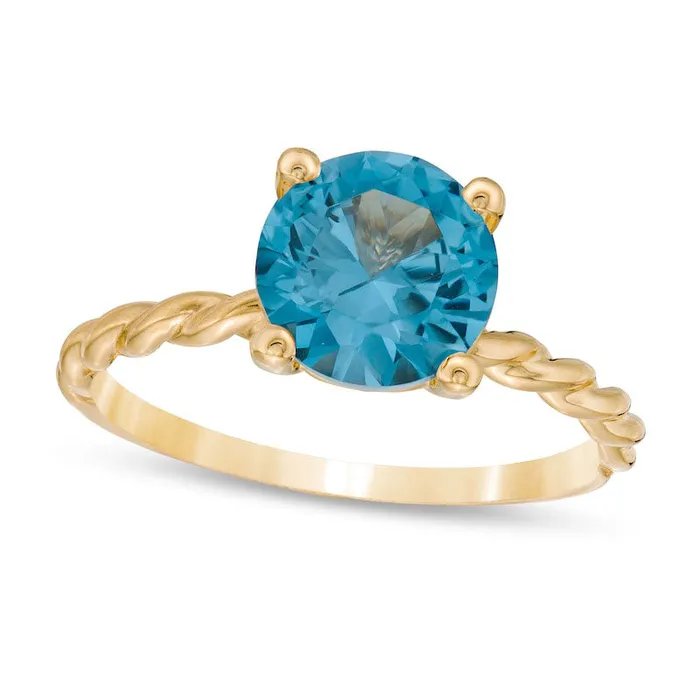 Rings Goldia 80mm LabCreated Blue Zircon Solitaire Rope Shank Ring in Solid 10K Yellow Gold Rings Goldia 80mm LabCreated Blue Zircon Solitaire Rope Shank Ring in Solid 10K Yellow Gold