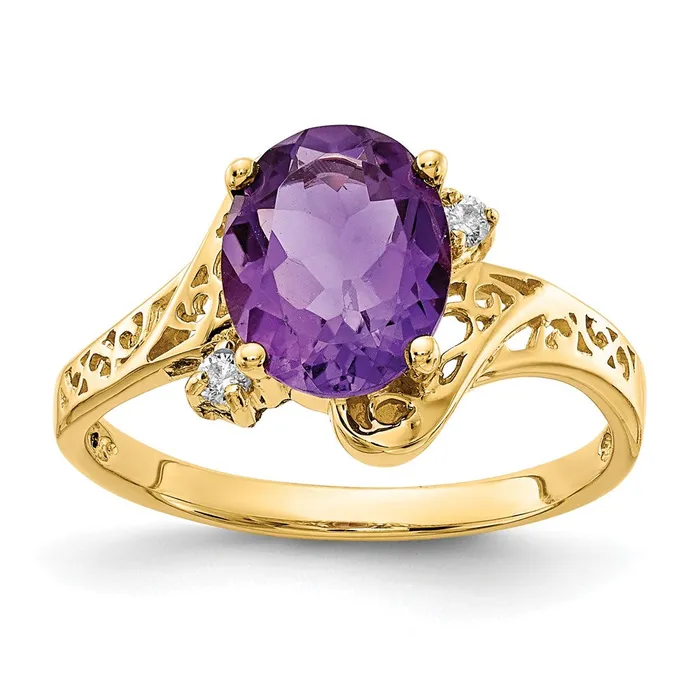 Rings Goldiacom 14K Yellow Gold 9x7mm Oval Amethyst Checker AA Real Diamond ring Rings Goldiacom 14K Yellow Gold 9x7mm Oval Amethyst Checker AA Real Diamond ring
