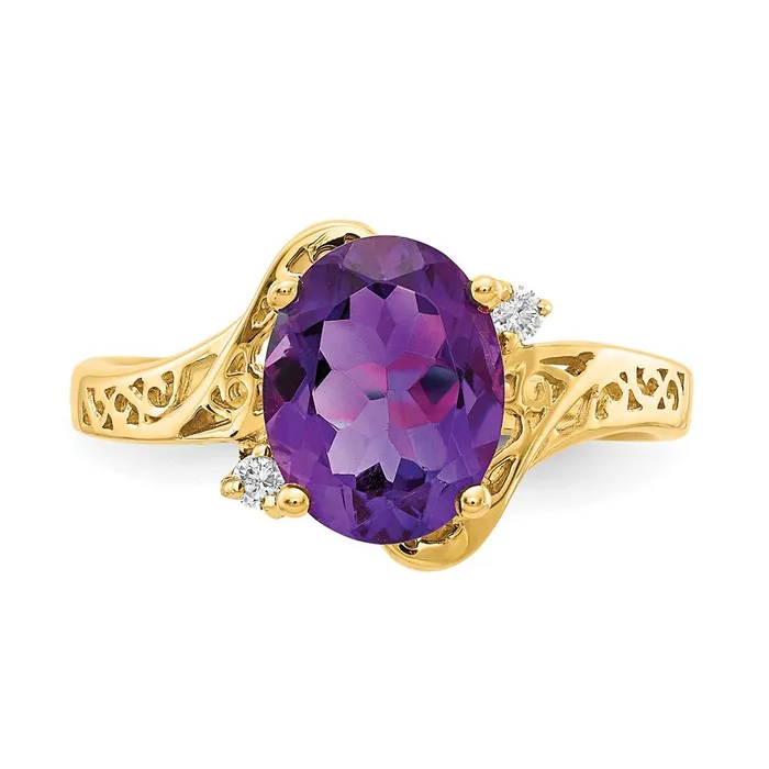 Rings Goldiacom 14K Yellow Gold 9x7mm Oval Amethyst Checker AA Real Diamond ring