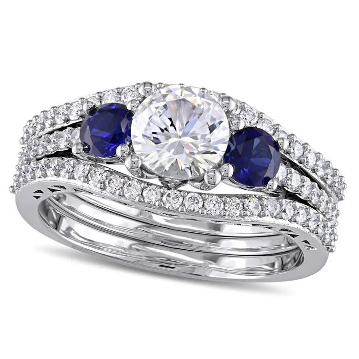 Rings Goldia LabCreated Blue and White Sapphire and 050 CT TW Diamond Three Stone Three Piece Bridal Engagement Ring Set in Solid 10K White Gold Rings Goldia LabCreated Blue and White Sapphire and 050 CT TW Diamond Three Stone Three Piece Bridal Engagement Ring Set in Solid 10K White Gold