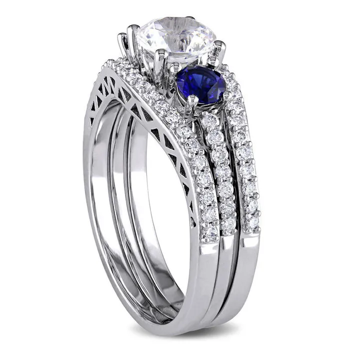 Rings Goldia LabCreated Blue and White Sapphire and 050 CT TW Diamond Three Stone Three Piece Bridal Engagement Ring Set in Solid 10K White Gold Rings Goldia LabCreated Blue and White Sapphire and 050 CT TW Diamond Three Stone Three Piece Bridal Engagement Ring Set in Solid 10K White Gold