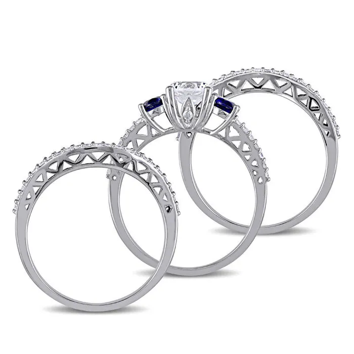 Rings Goldia LabCreated Blue and White Sapphire and 050 CT TW Diamond Three Stone Three Piece Bridal Engagement Ring Set in Solid 10K White Gold Rings Goldia LabCreated Blue and White Sapphire and 050 CT TW Diamond Three Stone Three Piece Bridal Engagement Ring Set in Solid 10K White Gold
