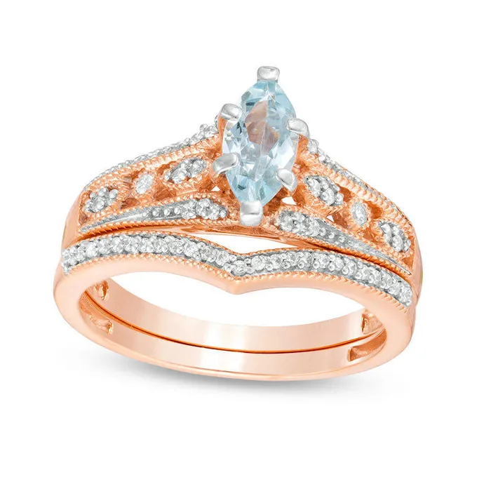 Rings Marquise Aquamarine and 020 CT TW Natural Diamond Bridal Engagement Ring Set in Solid 10K Rose Gold Goldia Rings Marquise Aquamarine and 020 CT TW Natural Diamond Bridal Engagement Ring Set in Solid 10K Rose Gold Goldia