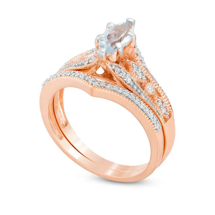 Rings Marquise Aquamarine and 020 CT TW Natural Diamond Bridal Engagement Ring Set in Solid 10K Rose Gold Goldia Rings Marquise Aquamarine and 020 CT TW Natural Diamond Bridal Engagement Ring Set in Solid 10K Rose Gold Goldia