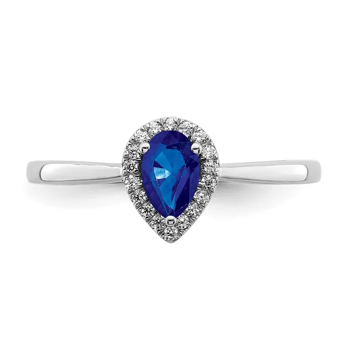 Rings Solid 14k White Gold Pear Simulated Sapphire and CZ Halo Ring Goldia