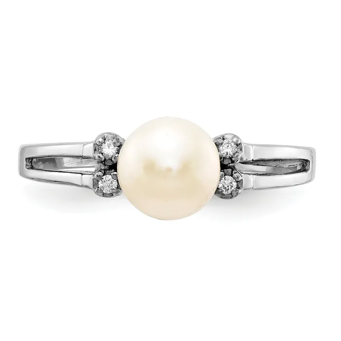 Solid 14k White Gold 5mm FW Cultured Pearl AAA Simulated CZ Ring Goldia Rings