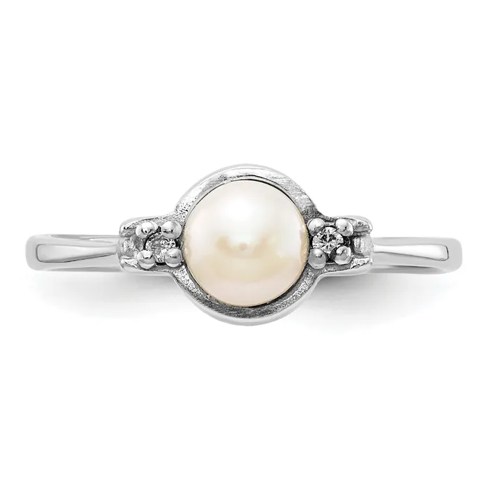 Solid 14k White Gold 5mm FW Cultured Pearl AAA Simulated CZ Ring Goldia Rings