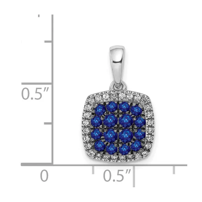 Solid 14k White Gold Simulated CZ and Sapphire Square Halo Pendant Goldia Necklaces
