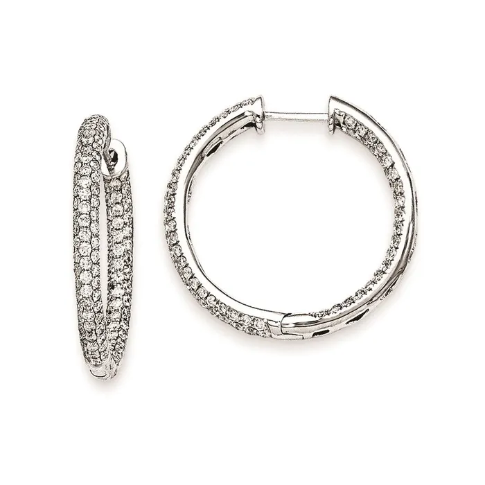 Solid 14k White Gold Simulated CZ Hinged Hoop Earrings Goldia Earrings