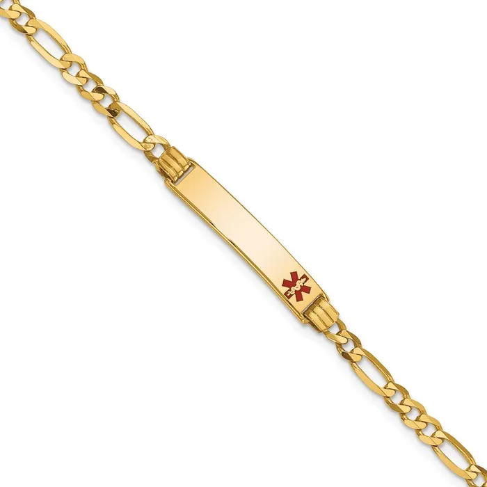 Solid 14K Yellow Gold Medical Red Enamel Figaro ID Bracelet MDS Bracelets Solid 14K Yellow Gold Medical Red Enamel Figaro ID Bracelet MDS Bracelets